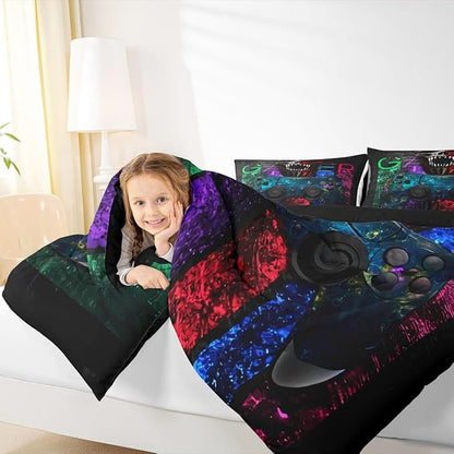 Gamer Bedding Sets for Boys, Gaming Down Comforter Queen Size, Gamer Room Decor Bedding Kids Video Games Comforter Set, Sugar Skull Gamepad Duvet Sets for Men Bedroom,with 2 Marble Pillow Sham