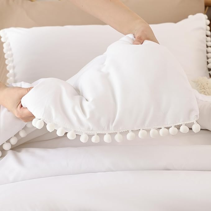 YIRDDEO King Size Comforter Set - King Size Comforter with Ball Pom Fringe, Soft King Bedding Set for All Seasons - 3 Pieces, 1 Comforter (104"x90"inches) & 2 Pillow Shams(20"x36"), White