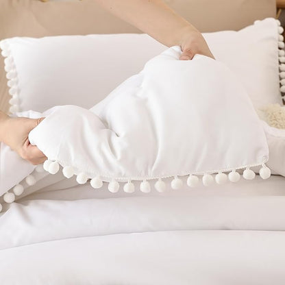 YIRDDEO Twin Comforter Set - Comforter Twin Size Bed with Ball Pom Fringe, Soft Bedding Set for All Seasons - 2 Pieces, 1 Comforter (66"x90") & 1 Pillow Sham(20"x26"), White