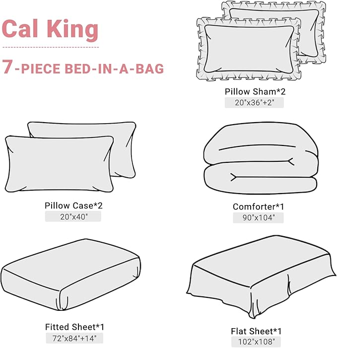 JOLLYVOGUE White Cal King Size Comforter Sets 7 Pieces, Pintuck Bed in a Bag Comforter Set for Bedroom, Bedding Comforter Sets with Comforter, Sheets,Ruffled Shams & Pillowcases