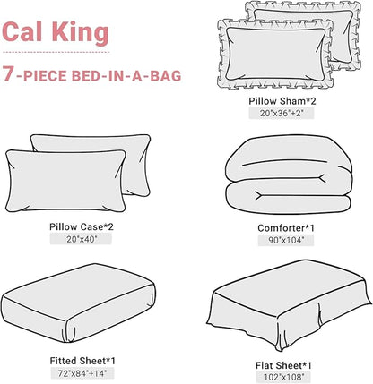 JOLLYVOGUE Pink Cal King Size Comforter Sets 7 Pieces,Pintuck Bed in a Bag Comforter Set for Bedroom, Bedding Comforter Sets with Comforter, Sheets,Ruffled Shams & Pillowcases