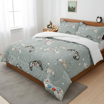 Kids Gaming Comforter Set Twin Size for Boys Grey Video Gamer Bedding Set for Teens Bedroom Decor, 68"x86"