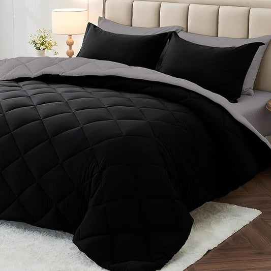 MUXHOMO 5 Pieces Twin XL Comforter Set, Reversible Bed in a Bag Twin XL Size, All Season Bedding Set with Comforter, Flat Sheet, Fitted Sheet, Pillowcases & Shams, Black & Soot