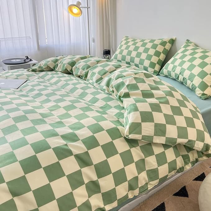 CLOTHKNOW Green White Plaid California King Comforter Set Grid Bedding Comforter Sets Checker Comforter with 2 x Pillow Cases