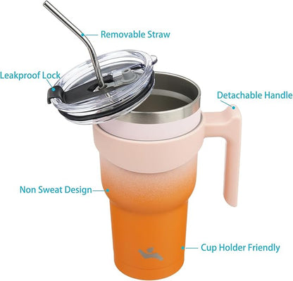 30 oz Tumbler with Handle and 2 Straw 2 Lid, Insulated Water Bottle Stainless Steel Vacuum Cup Reusable Travel Mug,Coral
