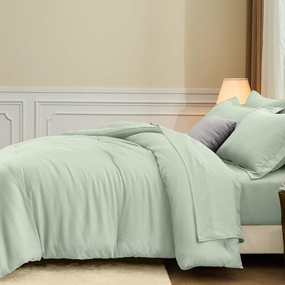 FUANNA Queen Comforter Set Sage Green, 7 Pieces Soft Bedding Sets Queen Size, All Season Lightweight Bed in a Bag with Comforter, Flat Sheet, Fitted Sheet, Pillowcases & Shams