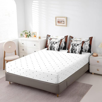 Erosebridal 7 Pcs Highland Cow Comforter Set Full Size,Vintage Marble Bed in a Bag with Flat Fitted Sheet for Kids and Adults,Rustic Western Cow Bedding Set with Pillowcases and Cushion Cases