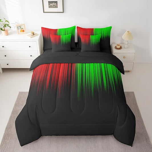 Feelyou Abstract Ombre Comforter Set with Sheets Kids Teens Red Green and Black Girls 7 Piece Bedding Set Room Decor Fashion Modern Women Bed in a Bag Bedroom Collection Full Size