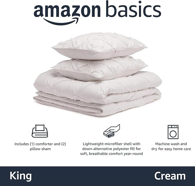 Amazon Basics All-Season Down-Alternative 3-Piece Comforter Bedding Set, Warm Soft Lightweight Microfiber, Pinch Pleat Design with Piped Edges, King, Cream