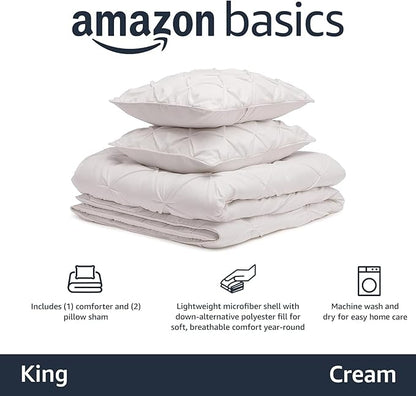Amazon Basics All-Season Down-Alternative 3-Piece Comforter Bedding Set, Warm Soft Lightweight Microfiber, Pinch Pleat Design with Piped Edges, King, Cream