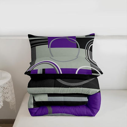 Abstract Swirls Comforter Set King Modern Purple Black Grey Bedding Circles Stripes Quilt Set Geometric Square Duvet Insert Curved Lines Down Comforter Modern Texture Bedding Comforter Sets