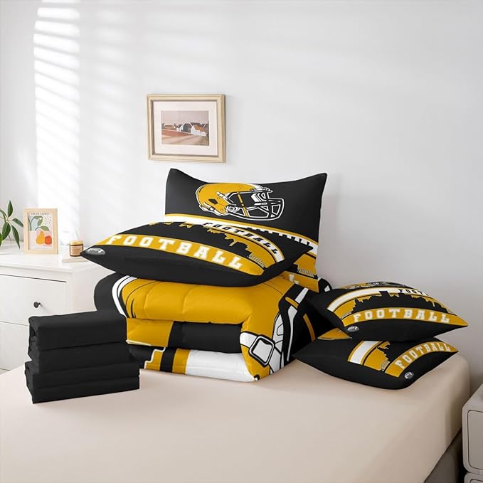 Erosebridal Football City 7 Pcs Comforter Set Queen Football Bedding Boys Girls Yellow Black Rugby Game Sheet Set Bed in A Bag Football Fans Room Decor Sports Ball Team Bed Set