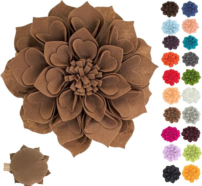 Fennco Styles Handmade 3D Heart-Shaped Petals Flower Decorative Filled Throw Pillow 13" Round - Mocha Floral Pillow for Couch, Home Décor and Holiday, Housewarming Gift