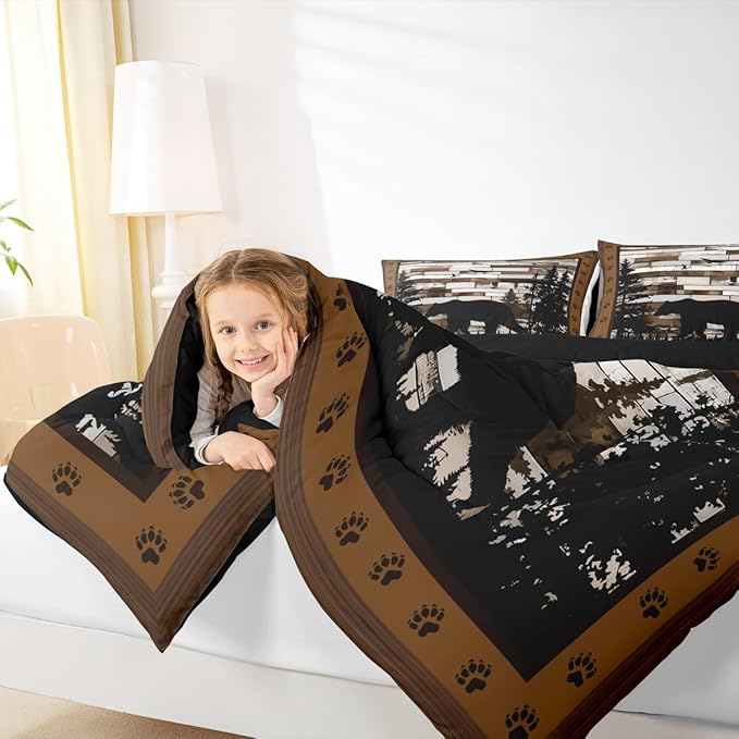 Feelyou Rustic Bear Bedding Set Wild Animals Hunt Comforter Set for Kids Boys Girls Brown Wooden Comforter Paw Print Quilt Set Bedroom Collection 3Pcs Queen Size