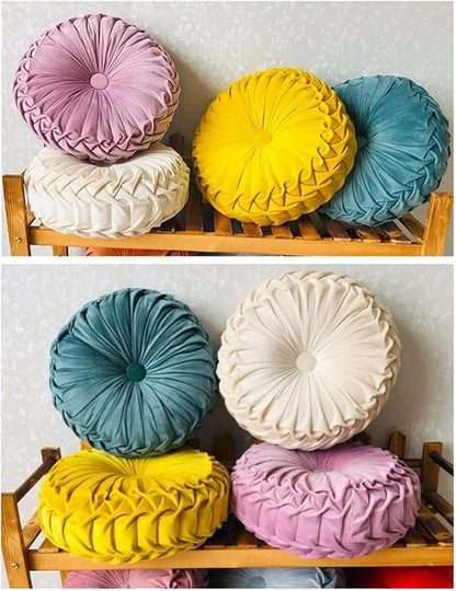 NatureMan 13.7 inch Round Sofa Cushion Pure Color Velvet Home Decor, Pleated Round Cushion, Pumpkin Pillow Suitable for Home Bed car Decoration (Light Purple)