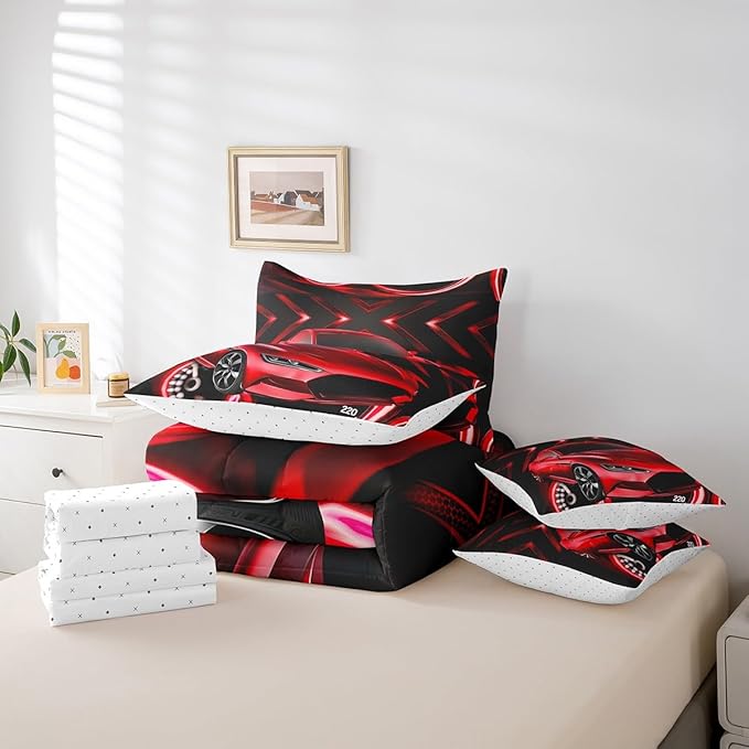 Erosebridal Red Racing Car 7 Piece Comforter Set,Sports Car Theme Bed in a Bag with Flat Sheet and Fitted Sheet,Extreme Sport Down Comforter,Speed Automobile Bedding Set with Pillowcase & Sham,Twin