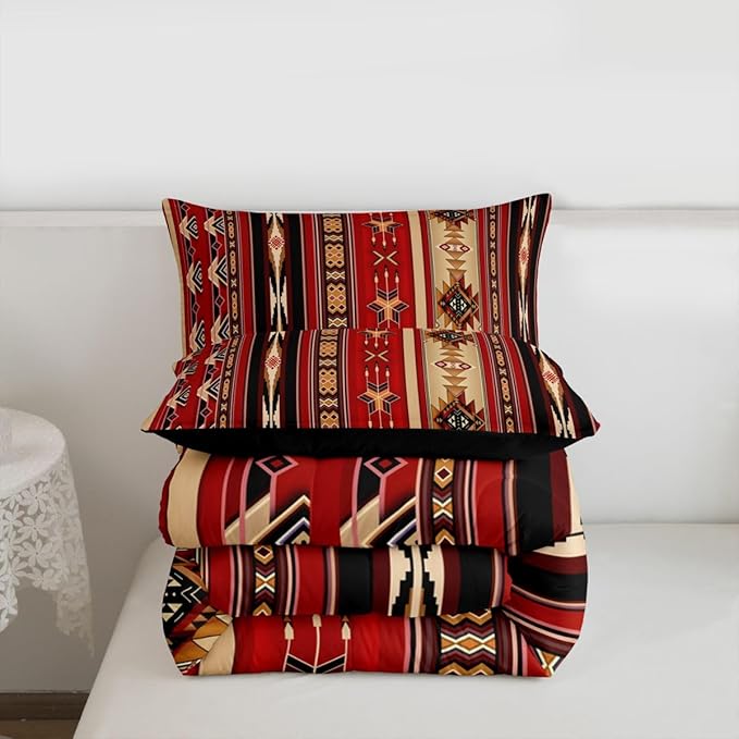 Erosebridal Aztec Bedding Set Ethnic Tribal Arrow Comforter Set,Vintage Southwestern Native Bohemian Quilt Twin,Western Star Duvet Insert Exotic Geometric Diamond Stripes Room Decor,Red and Black