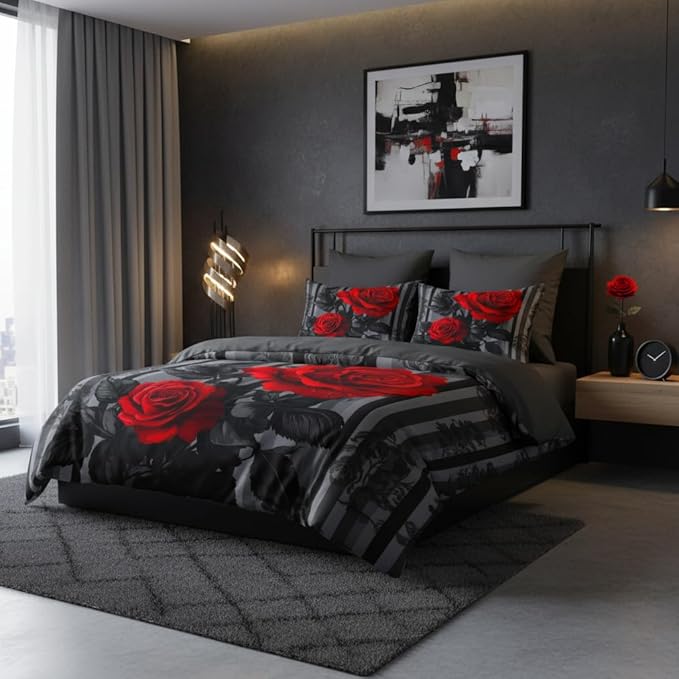 Black Red Comforter Set King Size Women Red Rose Bedding Set with Black Grey Stripe Background, Suitable for Gothic Vintage Decor, 2 Pillowcases, 3Piece