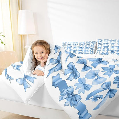 Castle Fairy Cute Bow Comforter Set King Size,Blue Bow Bedding Set 3Pcs for Kids Teens Adults Room Decor,Bows Grid Down Comforter Fashion Preppy Bedding Comforters,2 Pillowcases