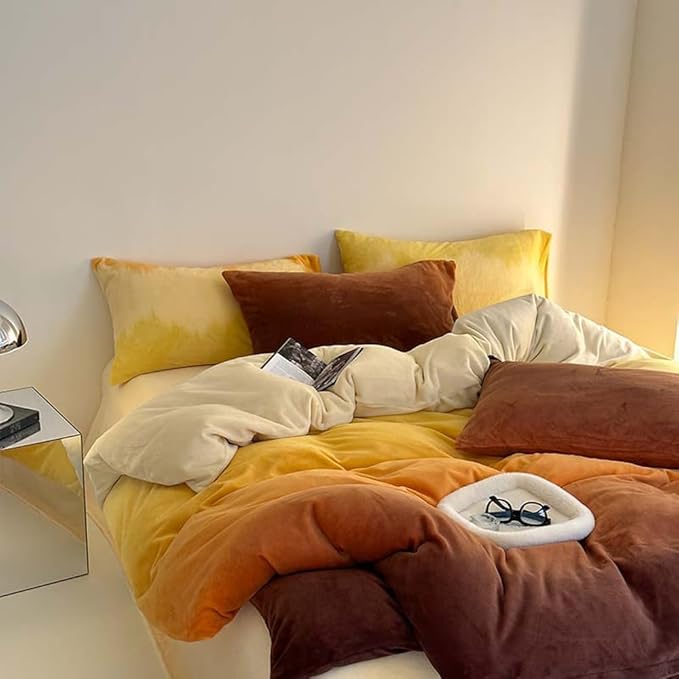 Wellboo Orange Gradient Comforter Sets California King Yellow and Orange Velvet Bedding Comforters Cal King Women Modern Plain Orange Brown Flannel Quilts Farmhouse Abstract Art Orange Plush Blanket