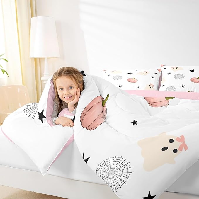 Erosebridal Kids Halloween Ghost Full Bedding Set, Pink Pumpkin Comforter Set for Girls Boys Teens Women Cute Halloween Decor, Funny Ghost Spider Web Comforter Star Quilt