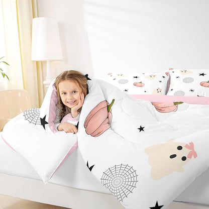 Erosebridal Kids Halloween Ghost Full Bedding Set, Pink Pumpkin Comforter Set for Girls Boys Teens Women Cute Halloween Decor, Funny Ghost Spider Web Comforter Star Quilt