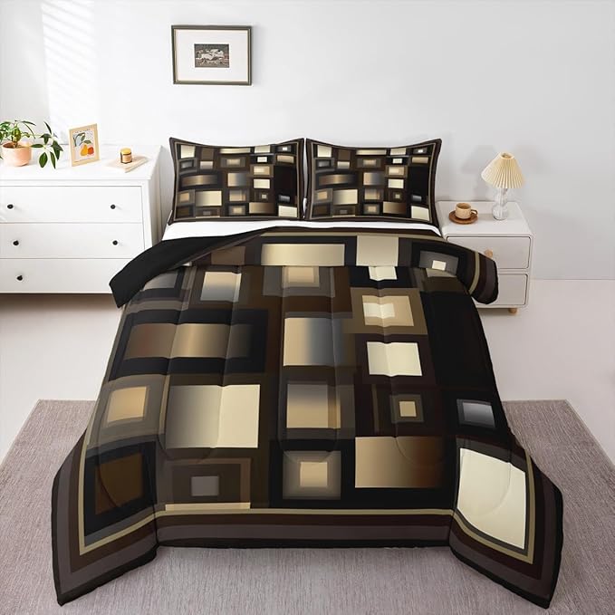 Grid Square King Size Comforter Set,Kids Brown White and Khaki Decor All Season Bedding Set,Teens Abstract Geometric Comforter,Girls Modern Simple Decor Quilt Set Bedroom Collection 3Pcs