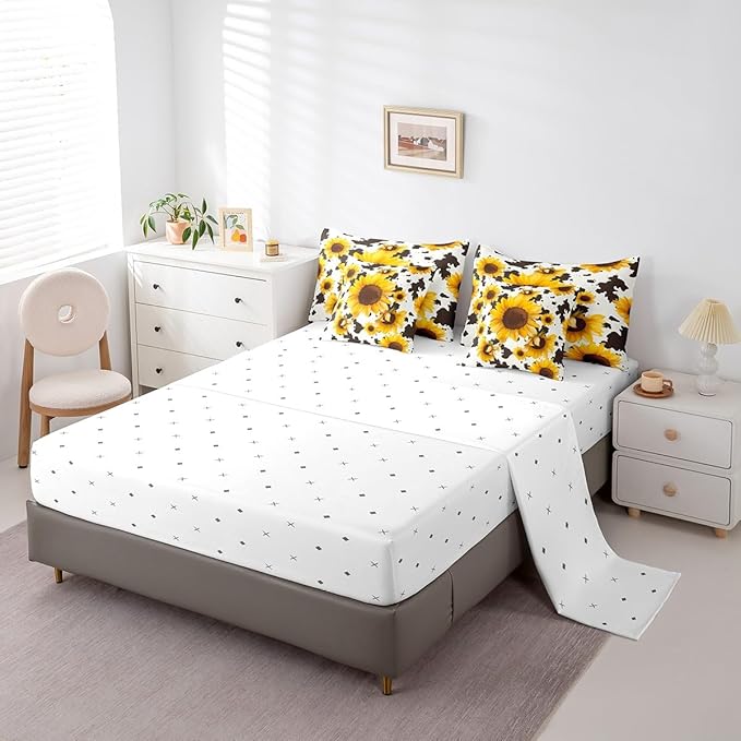 Erosebridal 7 Pcs Sunflower Cow Comforter Set Full Size,Cow Printed Bed in a Bag with Flat Sheet and Fitted Sheet for Cowboy Cowgirl,Farmhouse Cowhide Bedding Set with Pillowcases and Cushion Cases