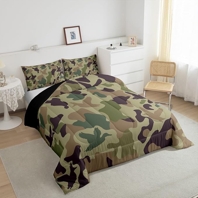 Erosebridal Camo Comforter Set Twin Size Army Green Bedding for Kids Farmhouse Camouflage Hunting Comforter Vintage Brown Room Decor Wild Duck Rustic Animal Duvet Set
