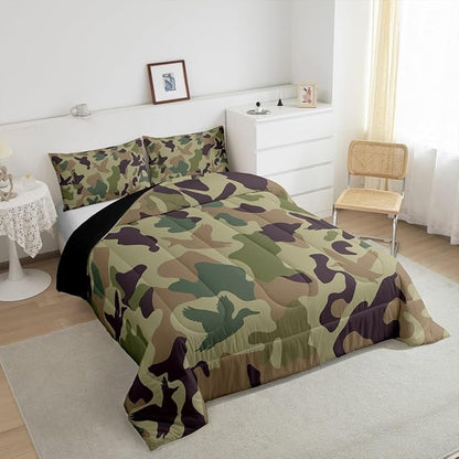 Erosebridal Camo Comforter Set King Size Army Green Bedding for Kids Farmhouse Camouflage Hunting Comforter Vintage Brown Room Decor Wild Duck Rustic Animal Duvet Set