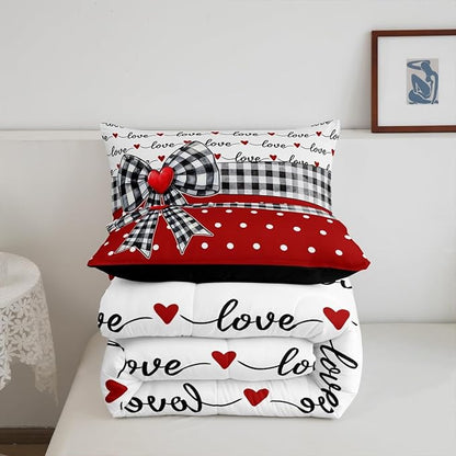 Erosebridal Bowknot Girls Bedding Comforter Sets Plaid Bow Tie Bedding Set Romantic Princess Style White Dots Comforter Set King for Kids Teen Women,Red Black Dreamy Quilt Duvet 2 Pillow Cases