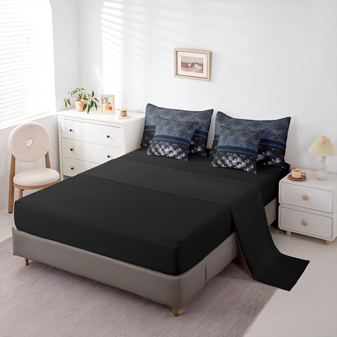Blue Damask Bed in a Bag King Size Comforter Set 7-Piece,Luxury Black Diamond Texture Pattern Bohemian Bedding Sets Antique Decor Gothic Vintage Floral Comforter and Sheet Set, Boho Baroque Room Decor