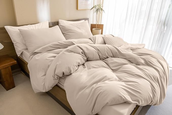 CozyTide King Size Comforter Set,Washed Cotton Boho Bedding Comforter Set Soft Lightweight Fluffy Aesthetic Bedding Set 3 Pieces(1 Beige Khaki Comforter and 2 Pillowcases)
