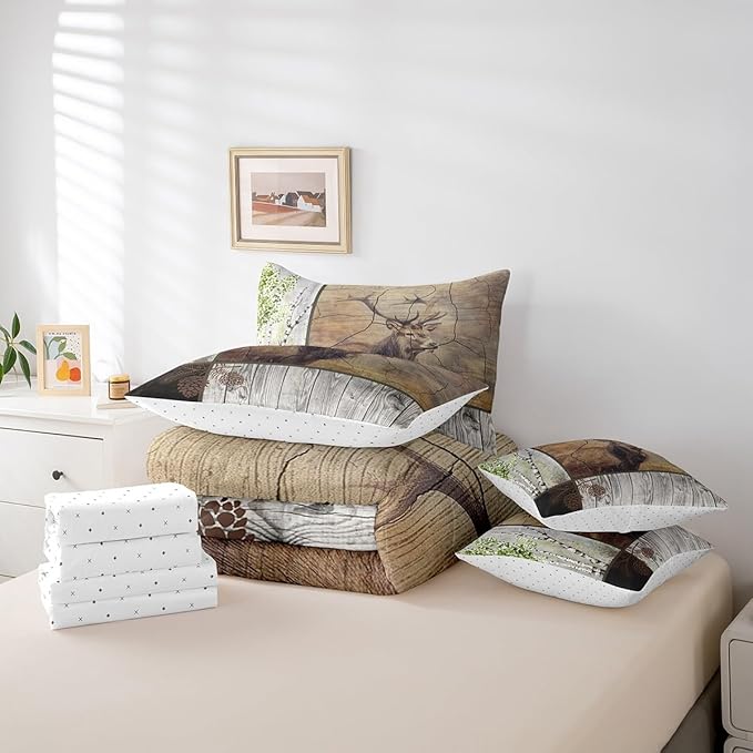 Elk Deer Bed in a Bag King Size Comforter Set 7 Pieces,Xmas Moose Reindeer Bedding Sets Birch Trees Sheet Set with Comforter