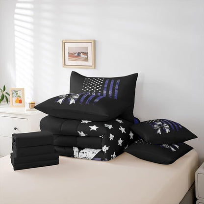 Erosebridal Bowknot King Comforter Set American Flag 7-Piece Bed in A Bag Bow Pigeons Birds Retro Camouflage Sheets and Pillowcases Black White Blue Bed Sets