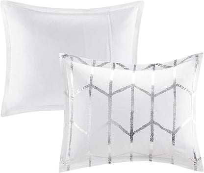 Intelligent Design Raina Twin / Twin XL Comforter Set, Soft Microfiber Comforter Set Twin, Modern Geometric Metallic Bed Set, 4 Pieces College Bedding Comforter Set with 1 Sham, 2 Toss Pillows White