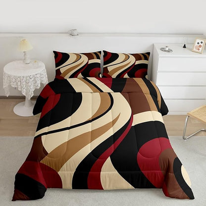 Red Brown Spiral Toddler Comforter for Adult Women Men Modern Swirls Stripes Abstract Bedding Set for Minimalists Boho Aesthetic Geometric Bed Sets Graffiti Art Lines Quilt Duvet Insert