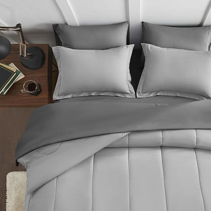 Maple&Stone Queen Comforter Set Grey, 7 Pieces Bed in a Bag - Down Alternative Bed Set with Comforter, Sheets, Pillowcases & Shams, All Season Lightweight Bedding Set, Light Grey