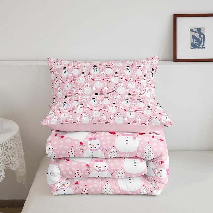 Cartoon Pink Dreamy Boys Girls Comforter Set Full Size,Snowman Christmas Tree Duvet Set Teens Bedroom Decor,Merry Christmas Microfiber Soft Bedding