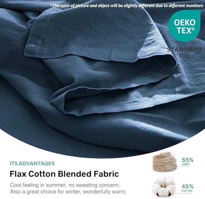 Simple&Opulence Belgian Linen Sheet Set Solid Color - 3 Pieces (1 Flat Sheet, 1 Fitted Sheet & 1 Pillowcase) Natural Flax Cotton Blend Soft Breathable Farmhouse Bedding - Twin Size, Classic Blue