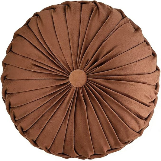 Round Throw Pillow Velvet 1 Pcs 14.17" Home Decoration Pleated 3D Pumpkin Pillow Cushion for Couch Chair Bed Car (Dark Coffee)
