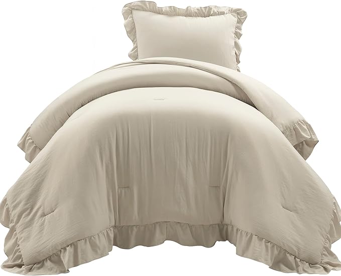 Lush Decor Reyna Ruffle Comforter Set - 2 Piece Twin Bedding Set - Elegance for Dorm Room - Twin XL, Wheat