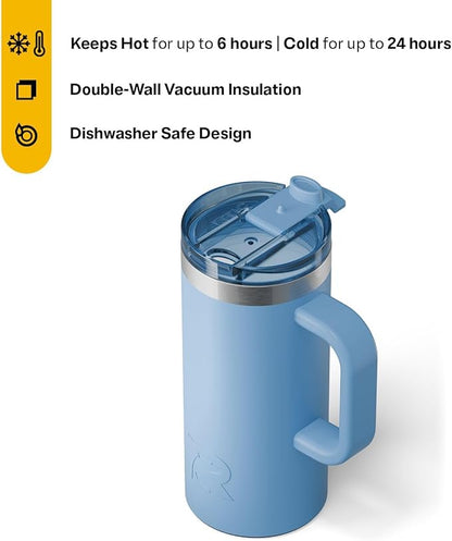 RTIC 20oz Road Trip Travel Mug with Lid and Handle, Insulated, Stainless Steel, Metal, Double Wall Vacuum-Insulation, Ceramic Lined, Portable Coffee, Tea Cup for Hot and Cold Drink, Denim
