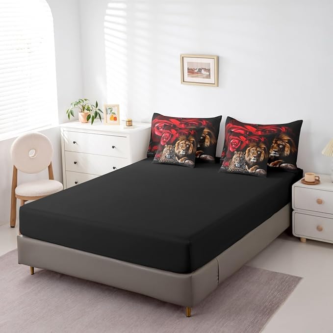 Feelyou Lion Tiger Comforter Set King Size 7 Pieces Girls Rose Floral Wild Animal Bed in a Bag Kids Romantic Flower Bedding Set Wildlife Bed Set with Comforter, Sheet Set, Pillowcases, Pillow Covers