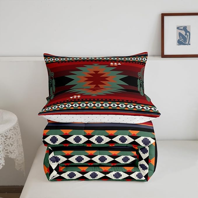 Feelyou Red Black Western Comforter Set Southwestern Aztec Toddler Size Bedding Set for Kids Boys Girls Western Horse Comforter Soft Microfiber Boho Geometric Bedroom Decor