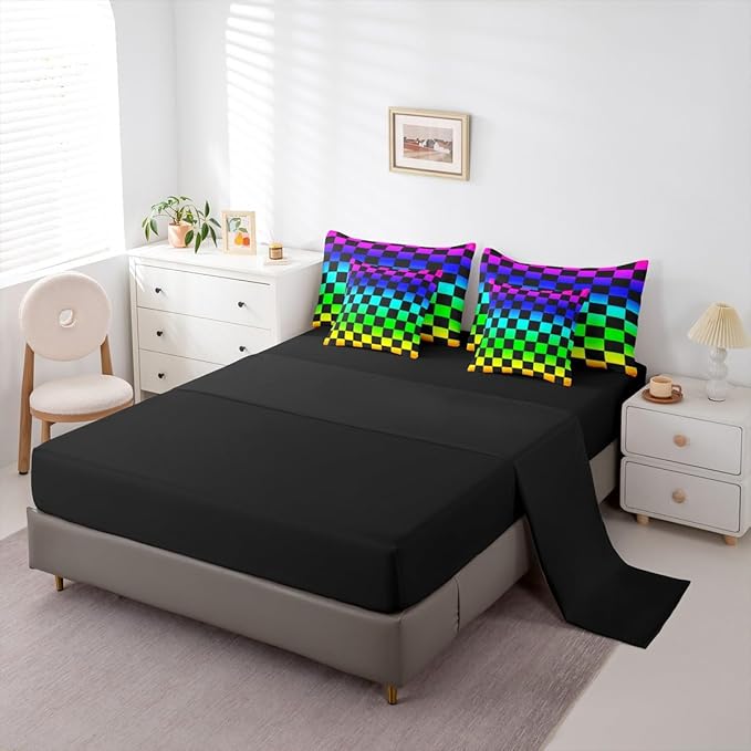 Multicolored Checkered Retro Comforter Set with Sheets 7 Piece Full Size Geometric Vintage Bed in a Bag Kids Boys Girls Colorful Bedding Set Modern Groovy Aesthetic Bedroom Decor Breathable Soft