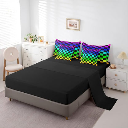 Multicolored Checkered Retro Comforter Set with Sheets 7 Piece Full Size Geometric Vintage Bed in a Bag Kids Boys Girls Colorful Bedding Set Modern Groovy Aesthetic Bedroom Decor Breathable Soft