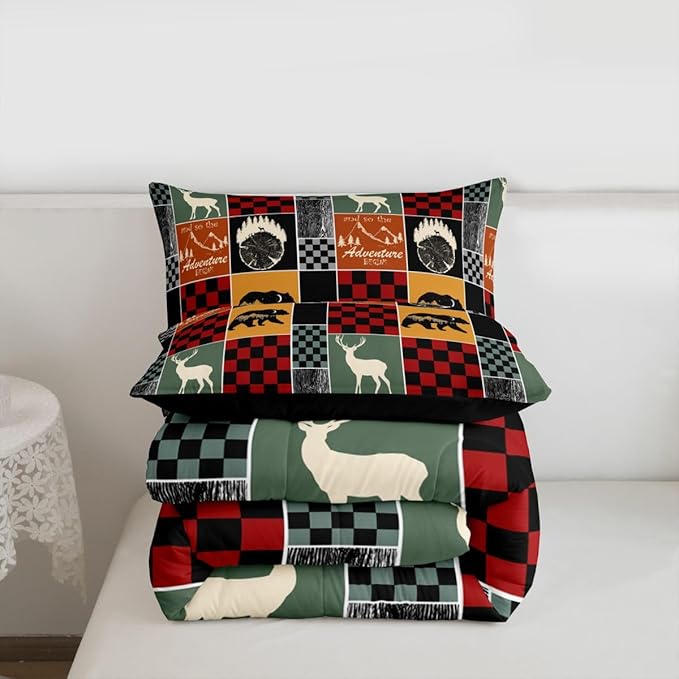 Farmhouse Cabin Bedding Set King, Bear Deer Forest Comforter Set Wooden Board Country Duvet Insert For Kids Girls Bedroom, Retro Lodge Wild Animal Quilt Rustic Decorations For Home, Red Grey Black