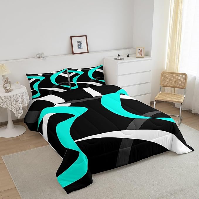 Erosebridal Grey Black Turquoise Bedding Comforter Sets Teal Gray White Striped Abstract Bedding Set King for Kids Boys Girls Geometric Stripes Down Comforter Modern Fashion Quilt Duvet