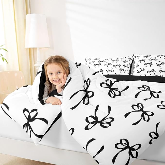 Erosebridal Bowknot Comforter Set Full Black Watercolor Bow Bedding Set for Kids Teen Adults,Fashion Coquette Bowknot Down Comforter Black White Modern Simple Quilt for All Season